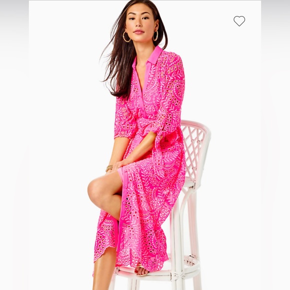 Lilly Pulitzer Amrita Midi Shirtdress in Pink Isle Swirly Fern Scalloped… - Picture 2 of 13